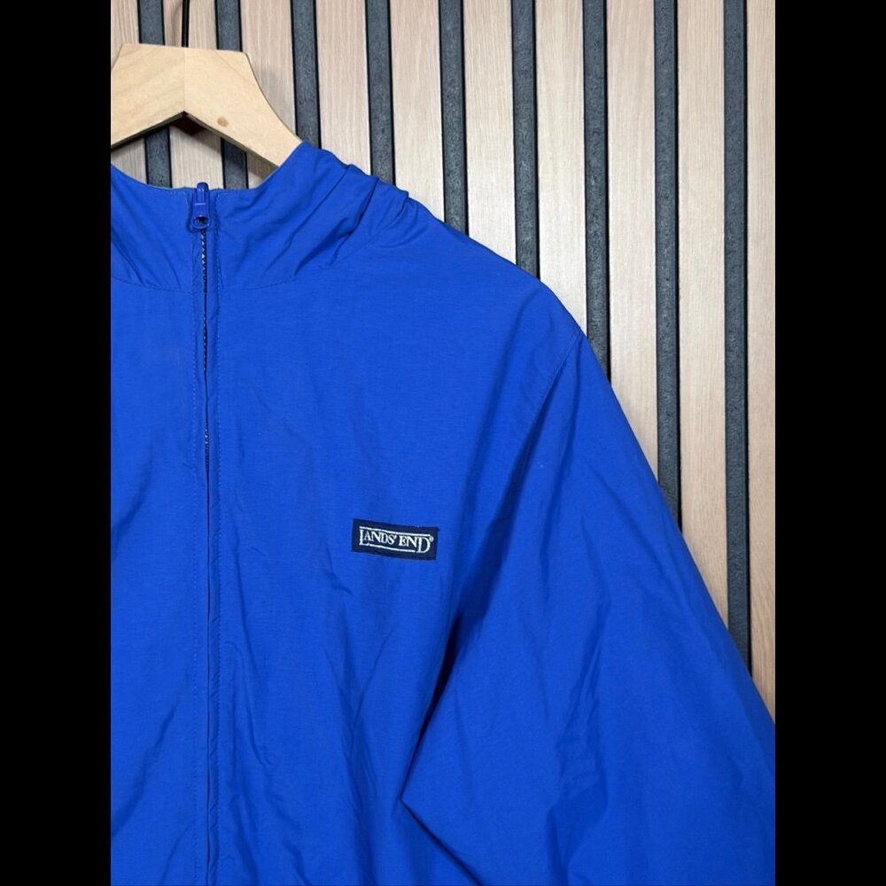 Lands End Reversible Jacket XL Mens Blue Green 100% Nylon Hooded Rain Coat - Picture 8 of 12